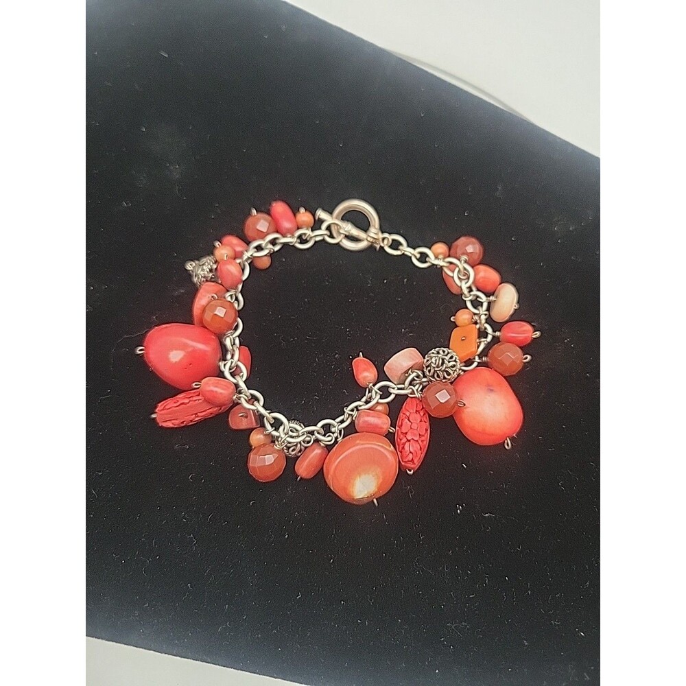 Red Coral? And Sterling Silver Beaded Bracelet Estate Sale 7.25" Carved Beads